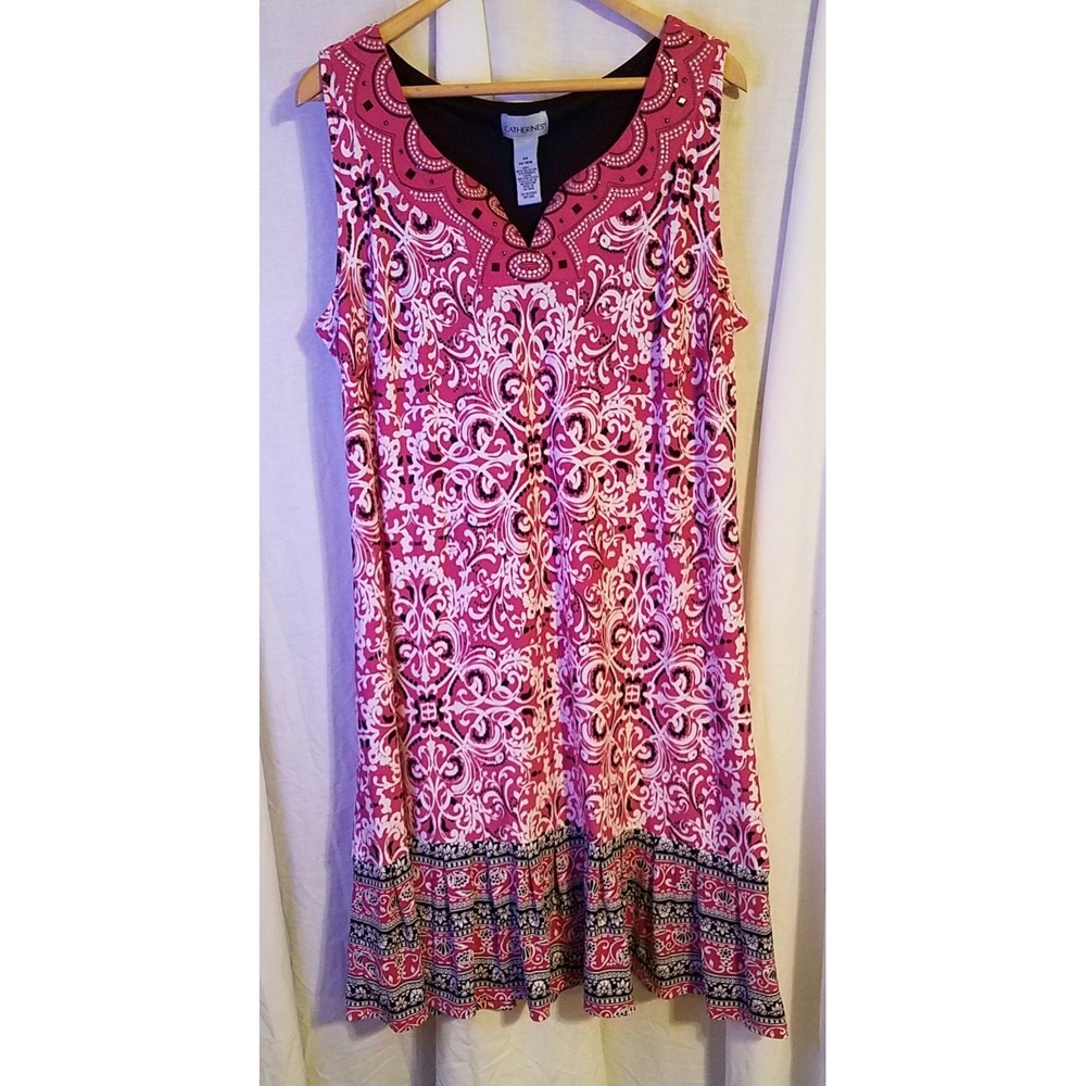 Catherines  Ruffle Hem Midi Shift Dress Size 14/16W Geo‎ Embellished Neckline